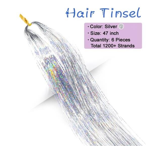 Hair Tinsel Kit With Tools 47Inch 1200  6Pcs (Silver) - Picture 2 of 8